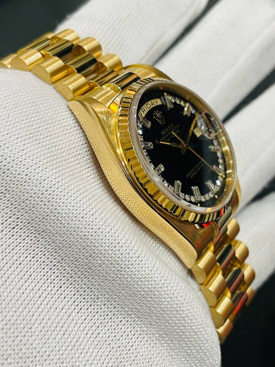 ( Sold) ROLEX DAYDATE 18038 36MM FULL 18K GOLD BLACK STRING DIAL PRE-OWNED WITH ROLEX SERVICE CENTRE CERT - Image 2