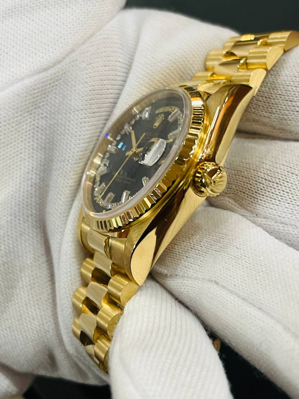 ( Sold) ROLEX DAYDATE 18038 36MM FULL 18K GOLD BLACK STRING DIAL PRE-OWNED WITH ROLEX SERVICE CENTRE CERT - Image 3
