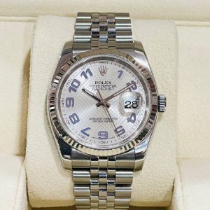 Rolex 116234 Datejust 36 18k white gold bezel Concentric dial Purple lumes