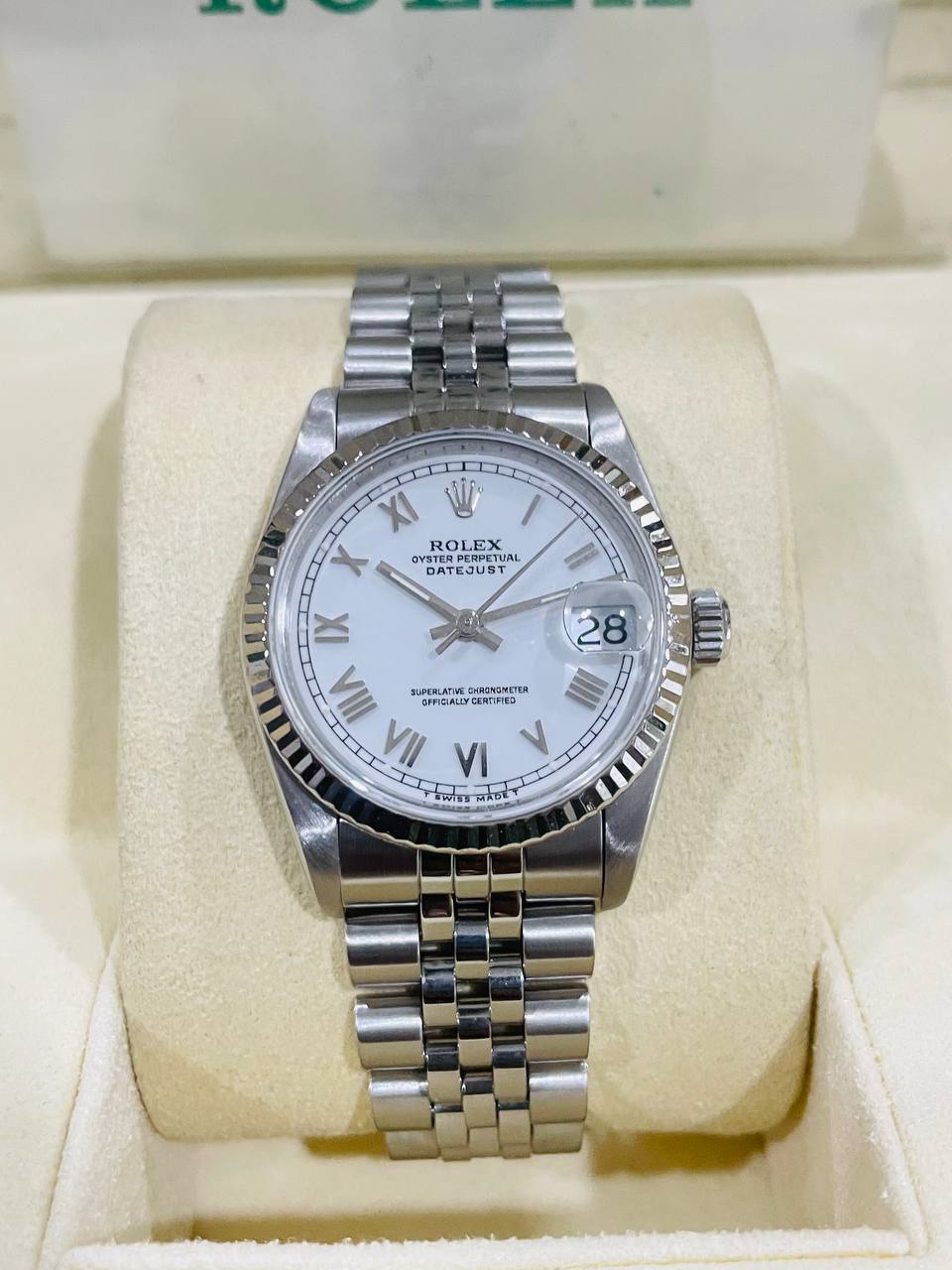 ROLEX DATEJUST 68274 31MM WHITE DIAL WATCH & CERTIFICATE