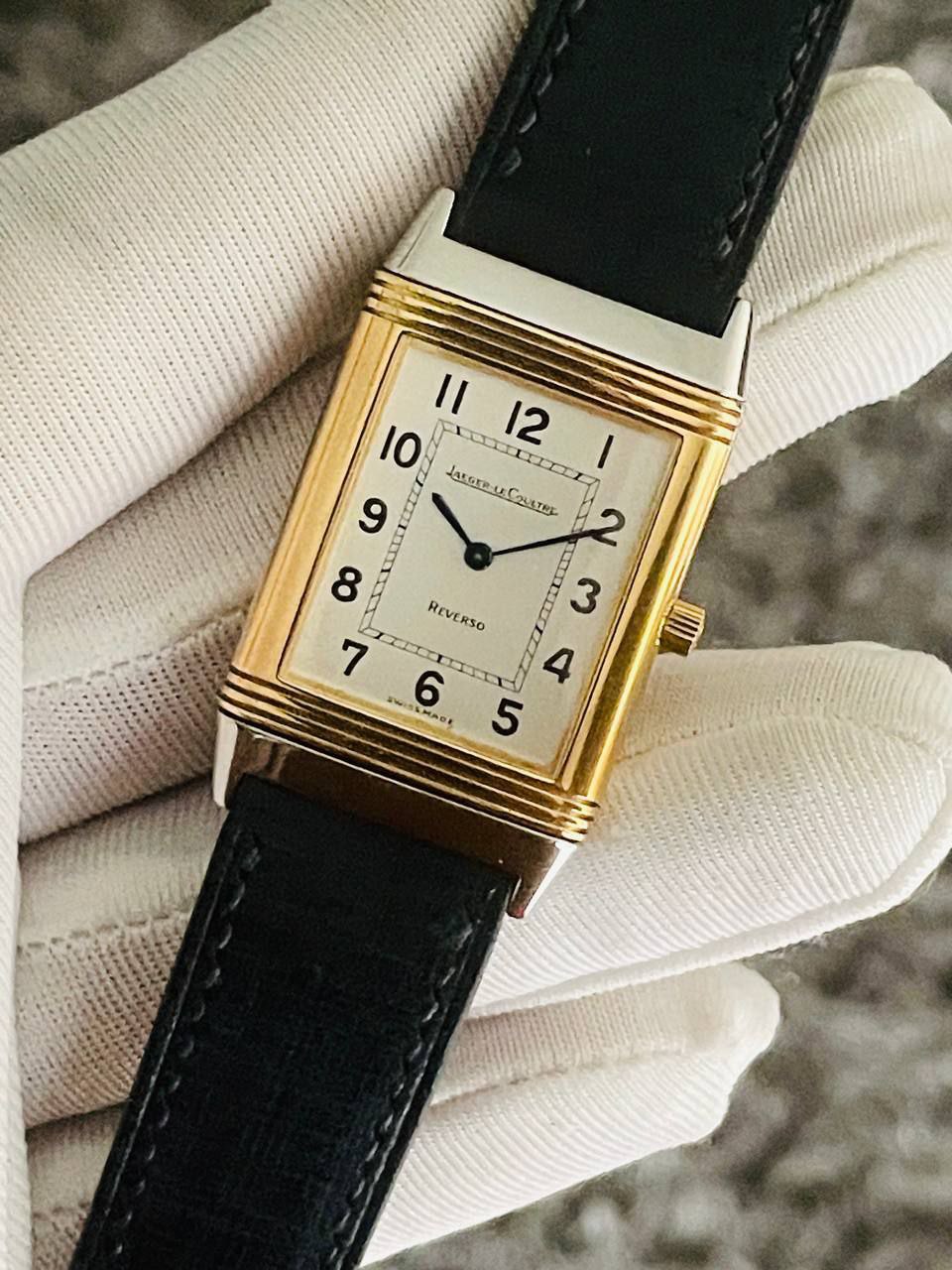 Jlc Reverso Goled JLC Reverso Mid size Half gold Silver dial Arabic numeral hour markers ...